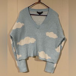 Blue and White “Clouds” V-Neck Cropped Sweater